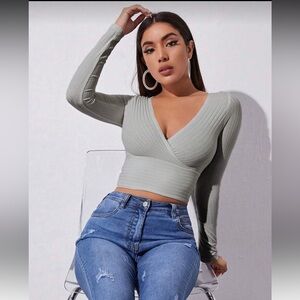 Sleek Gray Long Sleeve Wrap Top